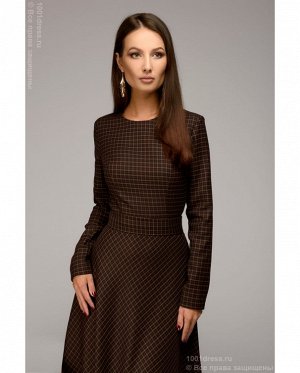 Платье темно-коричневое в клетку длины миди с длинными рукавами DM00841BD