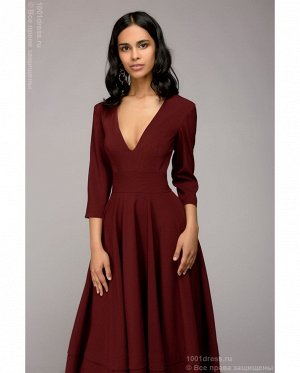 Платье бордовое длины миди с глубоким вырезом и рукавами 3/4 DM00923BO