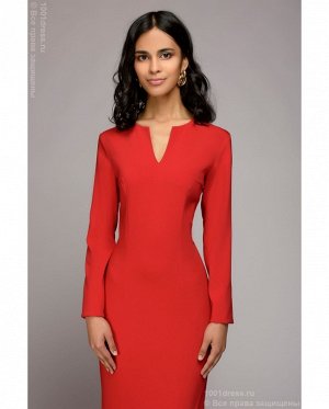 Платье-футляр красное с вырезом на груди и длинными рукавами DM00875RD