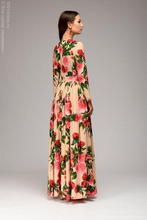 Платье персикового цвета длины макси с крупными розами и длинными рукавами DM00940PH