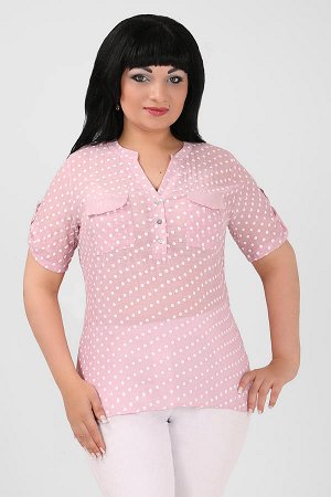 розовый Описание: Легкая женская блузка из тонкого хлопка, модной расцветки «в горошек», с втачным рукавом с патой и округлым вырезом горловины, на груди два небольшизх накладных карманчика, застегива
