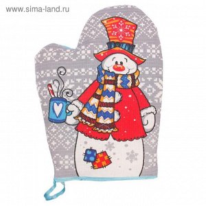 Варежка-прихватка "Доляна" Снеговик 18х26см, синий 100% хл., вафельное полотно 162 г/м2   1654731