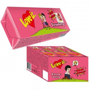 * Жевательные конфеты «Love is» со вкусом Клубники. Каждая конфета завернута в новую картинку из серии «Love is».

В блоке 12 упаковок, в каждой из которых по 5 жевательных конфет.