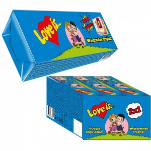 * В блоке 12 упаковок со вкусом Абруз-тропик, в каждой находится по 5 конфет с новыми картинками из серии комиксов «Love is».