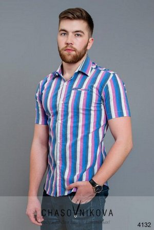 Мужская рубашка короткий рукав Бенедикт полоска розовый синий