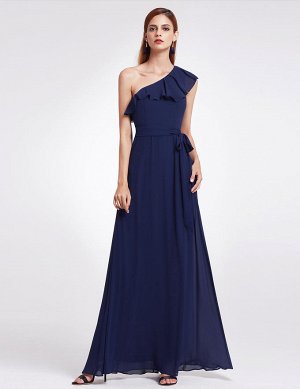 Нежное вечернее синее платье с воланом на одно плечо