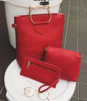 комплект из трёх сумок: сумка женская прямоугольная с круглыми ручками кот+косметичка+кошелёк цвет КРАСНЫЙ