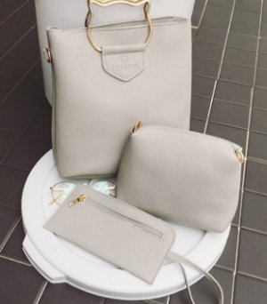 комплект из трёх сумок: сумка женская прямоугольная с круглыми ручками кот+косметичка+кошелёк цвет СЕРЫЙ