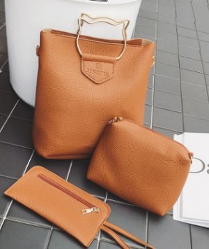 комплект из трёх сумок: сумка женская прямоугольная с круглыми ручками кот+косметичка+кошелёк цвет КОРИЧНЕВЫЙ