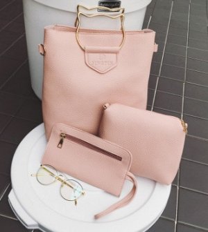 комплект из трёх сумок: сумка женская прямоугольная с круглыми ручками кот+косметичка+кошелёк цвет РОЗОВЫЙ