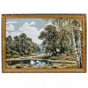 Картина гобелен 45х35см "Пейзаж с лебедями", деревянная рама