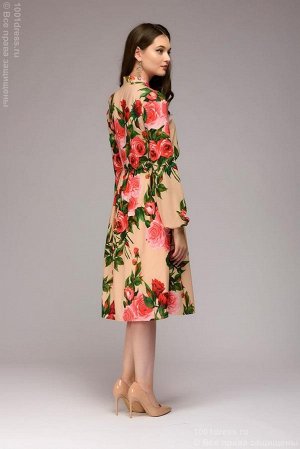 Платье персикового цвета длины миди с принтом и длинными рукавами DM00832PH