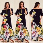 Платье длинное с открытыми плечами цвет: ЧЕРНЫЙ С ЦВЕТАМИ