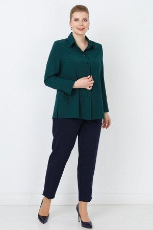 Зеленый Блуза с длинными рукавами, на пуговицах, с отложным воротником. По бокам расположены небольшие разрезы. Сзади, от кокетки, заложены лёгкие складки. Дизайнерское оформление манжета рукава завяз