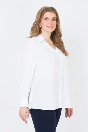 Белый Универсальная блуза на пуговицах, с длинными рукавами на манжетах. Воротник модели отложной, с V-образным вырезом горловины. Крой блузы в меру свободный, с удлиненной задней частью и боковыми ра