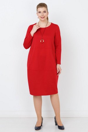 Красный Женственное платье средней длины с полукруглой горловиной. Фасон модели с длинными рукавами, втачными боковыми карманами , со слегка зауженным низом. Однотонный вискозный трикотаж модели позво