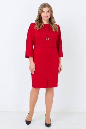 Красный Модное платье средней длины с отрезными рукавами 3/4, увеличенной проймой и свободными манжетами с разрезом. Фасон модели полуприталенный. На передней части линии талии - имитация тонкого пояс