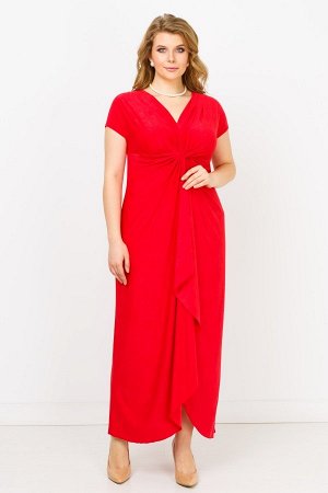 Красный Длинное платье с короткими рукавами, выполненное из однотонного вискозного трикотажа. Фасон модели с облегающим верхом и свободным низом. Вырез горловины глубокий, V-образный, красиво подчерки