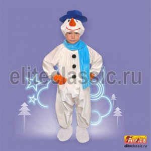 Снеговик-2 Милый, любимый всеми, костюм снеговика подойдет для театральных и тематических постановок, новогодних  праздников. В комплект входят: комбинезон, шарфик, варежки и маска в виде снеговика.