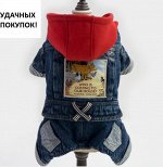 Комбинезон джинсовый с капюшоном для собак цвет СИНИЙ + КРАСНЫЙ