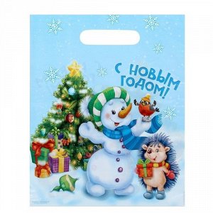 217517--Пакет полиэтиленовый подарочный "С Новым годом! Снеговичок и ежик" 23*29,5 см.