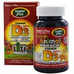 Nature&#039;s Plus Источник жизни Парад животных Витамин D3, без сахара, Натуральный вкус черешни, 500 МЕ