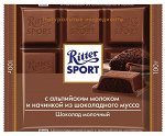 Ritter sport. Шоколад молочный с альпийским молоком и начинкой из шоколадного мусса 100 гр.1х11