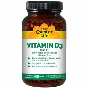Витамин D3 Country Life, Витамин D3, 5000 МЕ, 200 желатиновых капсул. Витамин D участвует в усвоении кальция, помогая формировать и поддерживать кости и зубы в здоровом состоянии. Он также поддерживае