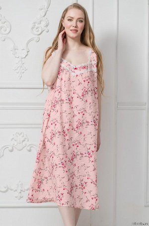 сорочка Длинная сорочка Mia-Mella свободного силуэта на широких бретелях, выполнена из тонкого хлопка с эффектом "букле". Вырез украшен узким хлопковым кружевом. Декор - маленький букет из атласных ро