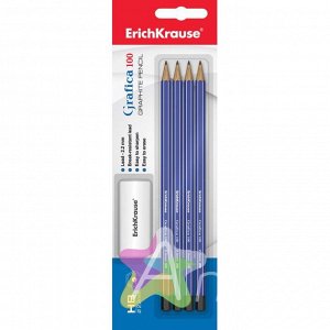 Набор 4 чернографитных карандаша GRAFICA 100 + ластик (HB), в блистере, темно-синий