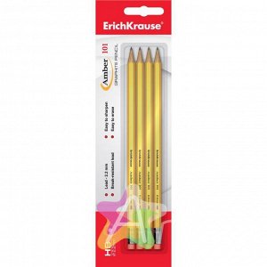 Набор 4 чернографитных карандаша с ластиком AMBER 101 Erich Krause, желтый, в блистере