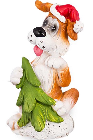 Собака "Пес Шарик" бежево-белый в красном рождественском колпачке с елочкой, 4х3,5х6,5 см