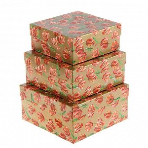 Набор коробок 3в1 "Тюльпаны на золотом", 19 х 19 х 9.5 - 15.5 х 15.5 х 6.5 см