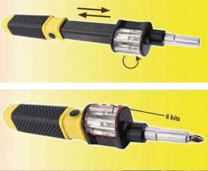 Отвертка Особенная отвертка, которая станет замечательным подарком любому мужчине и незаменимым инструментом в доме. 
Отвертка имеет 6 насадок, заменяющих сразу шесть разных отверток. Насадки собраны 