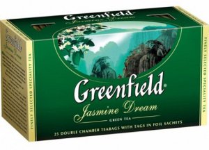 Чай Гринфилд Жасмин Дрим - китайский чай зеленый байховый, ароматизированный жасмином в пакетиках для разовой заварки. Жасминовый чай ценится за особенный бодрящий эффект. Воздушный аромат жасмина под