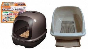 KAO Биотуалет для кошек набор: лоток-домик, лопатка, наполнитель 2л, подстилки 2шт, бежевый