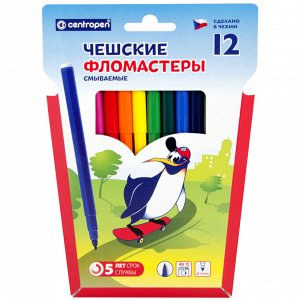 Фломастеры Centropen ""Пингвины"", 12цв., смываемые, картон, европодвес