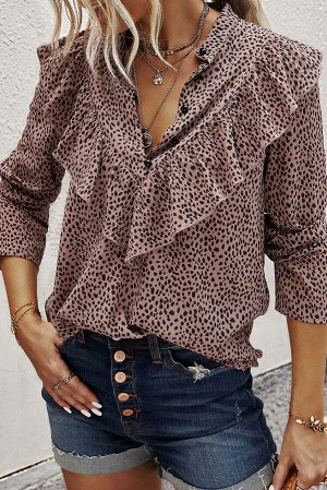 Коричневая леопардовая блуза с V-образным вырезом и рюшами