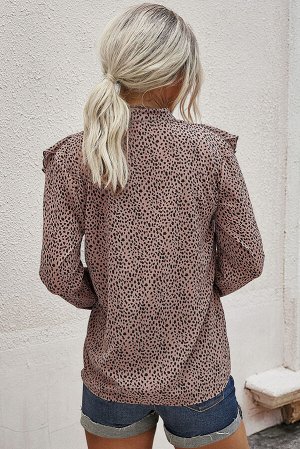 Коричневая леопардовая блуза с V-образным вырезом и рюшами