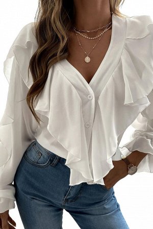 Белая блуза с V-образным вырезом и оборками