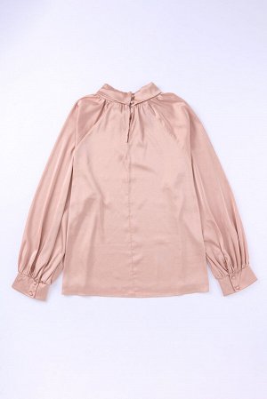 Розовая атласная блуза с узлом и длинным рукавом
