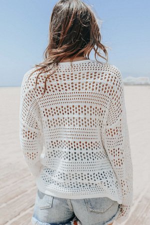 Белый вязаный свитер-кроше с длинным рукавом