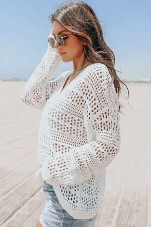 Белый вязаный свитер-кроше с длинным рукавом