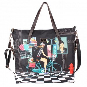 Bike tour print nylon with leather triming shopper bag