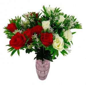 Роза букет Букет роз с декоративной пластмассовой зеленью.
Высота: 50 см.
Количество веток: 12 шт.
Материал голов: текстиль