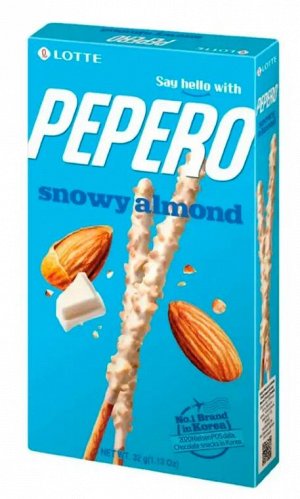 Печенье-соломка LOTTE Pepero Snowy Almond в белом шоколаде с орехами, коробка, 32 гр