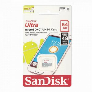 Карта памяти microSDXC 64GB SANDISK Ultra UHS-I U1, 48 Мб/се