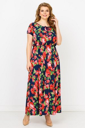 Розы Длинное легкое платье, выполненное из приятной ткани с цветочным принтом. Фасон модели на резинке по линии талии, округлой горловиной с небольшим вырезом в виде "капли" и декоративными завязками.