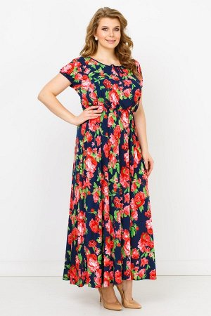 Розы Длинное легкое платье, выполненное из приятной ткани с цветочным принтом. Фасон модели на резинке по линии талии, округлой горловиной с небольшим вырезом в виде "капли" и декоративными завязками.