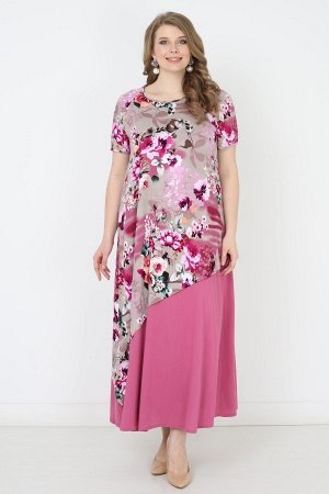 Розовый Оригинальное длинно платье, выполненное из легкого трикотажа. Фасон модели с короткими рукавами "реглан", полукруглым вырезом горловины и достаточно свободного силуэта от линии груди. Основной